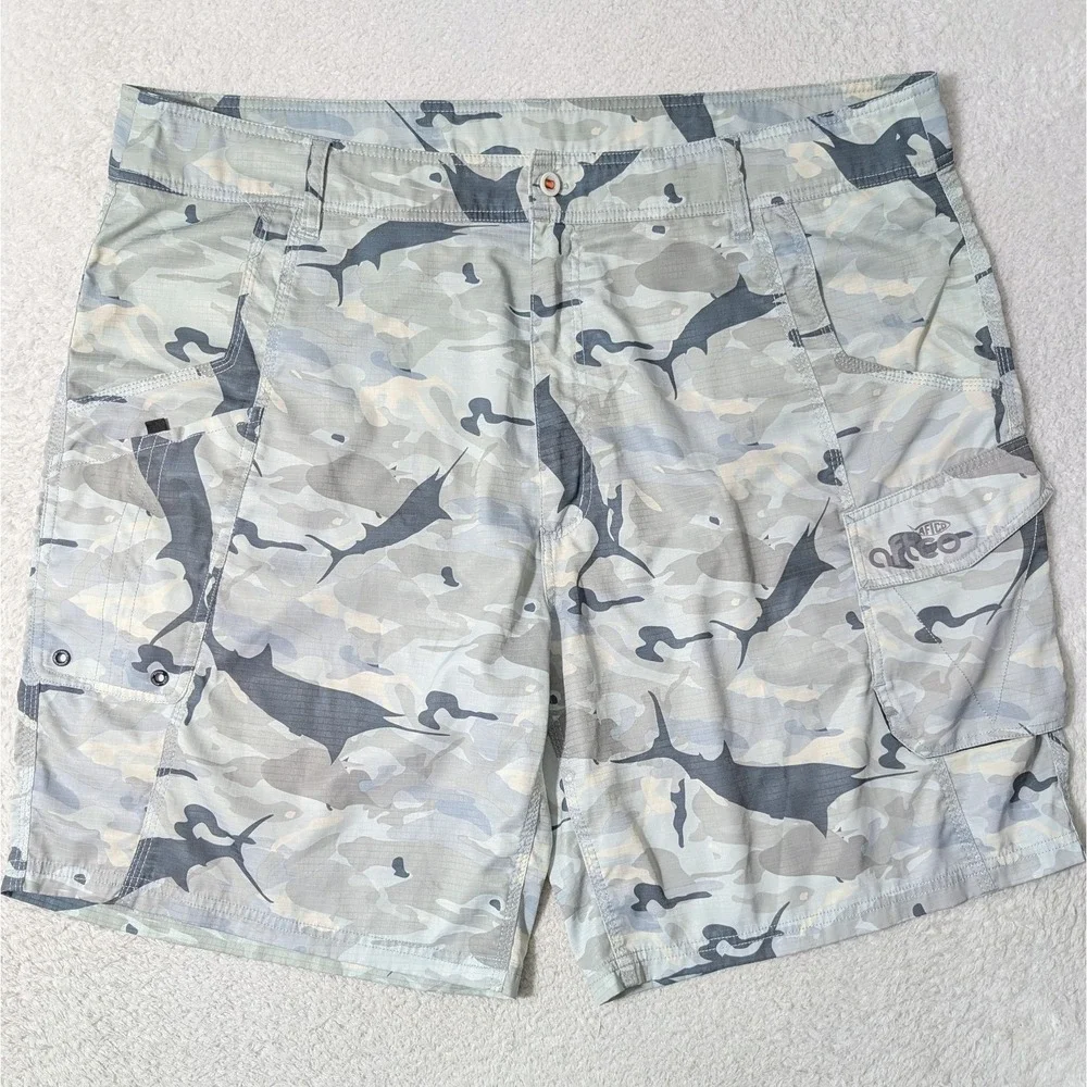 NEW! AFTCO Shorts Men 42x9 Green Cargo Camo Fishing Performance Stretch‎ Pockets